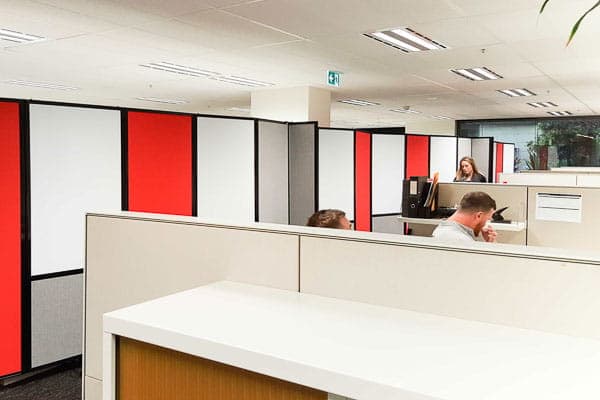 Red and Grey Fabric Room Dividers with White Board finish in Sydney office