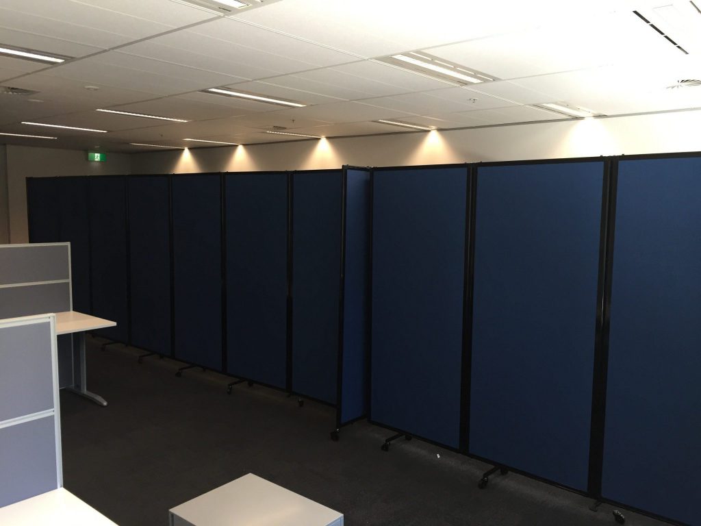 Connect long mobile room divider for workstation area - Portable Partitions